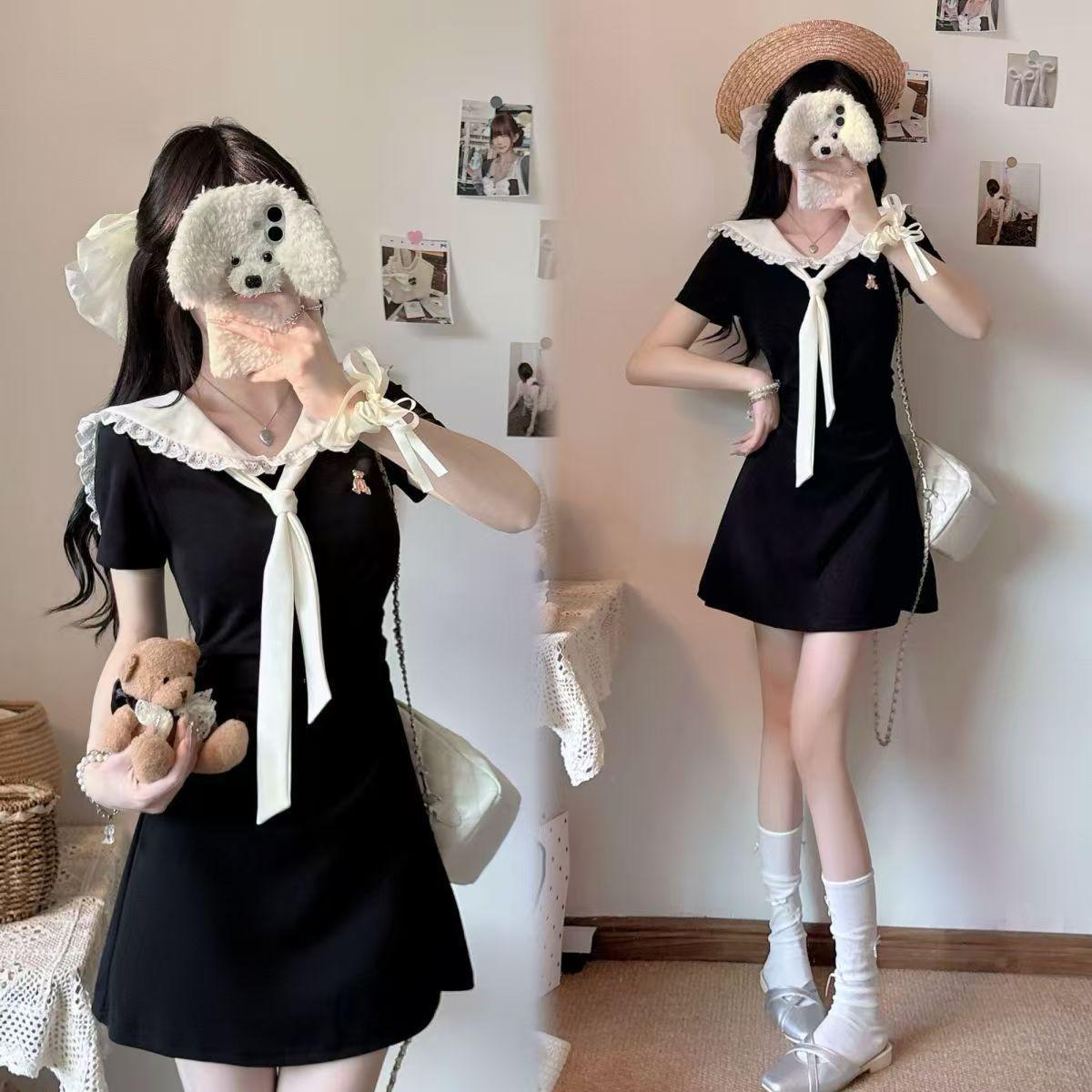 Spring and summer college style navy collar black short-sleeved dress women s summer waist and thin temperament short skirt S