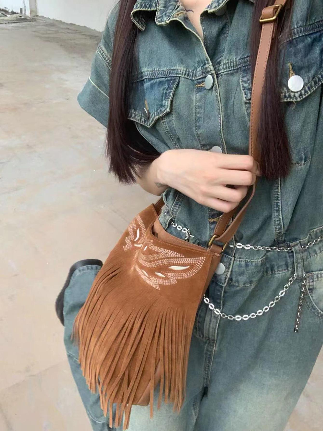

Сумка-мессенджер Bohemian Tassel Bag Western Denim Xinjiang Travel Bag Cool Tassel Bag темно-коричневого