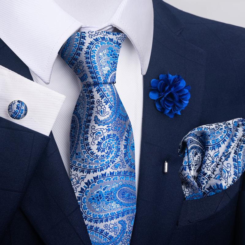 Brown Paisley Men's Tie, Pocket Square, Cufflinks & Boutonniere Set for Business Formal Wear.