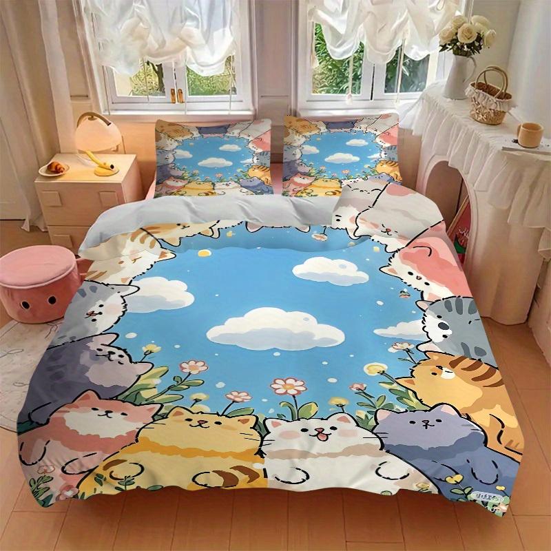 3pcs Cute Cats Bedding Set, Breathable And Soft, Suitable for All Seasons Machine Washable, Suitable for Bedroom Decoration,yy250822157