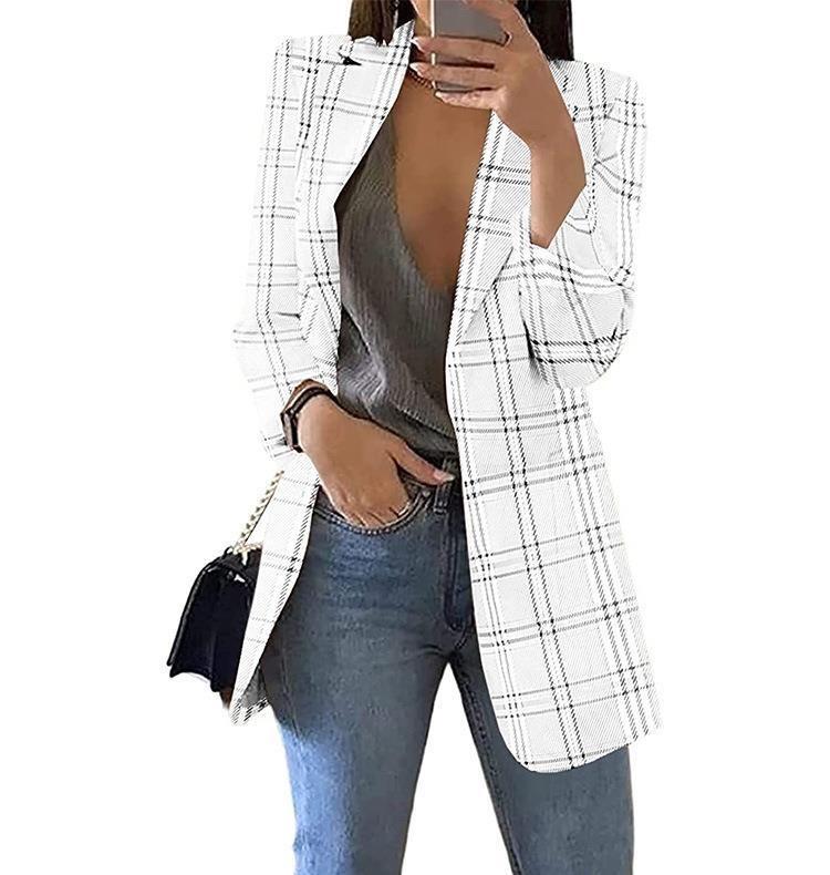 New Fashionable Women Casual Slim Fit Lapel Plaid Cardigan Suit Jacket