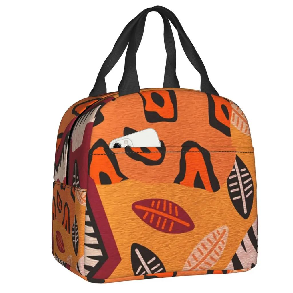 African Tribal Ankara Fabric Style Pink Thermal Insulated Lunch Bags Women Geometric Ethnic Art Portable Lunch Tote Food Box