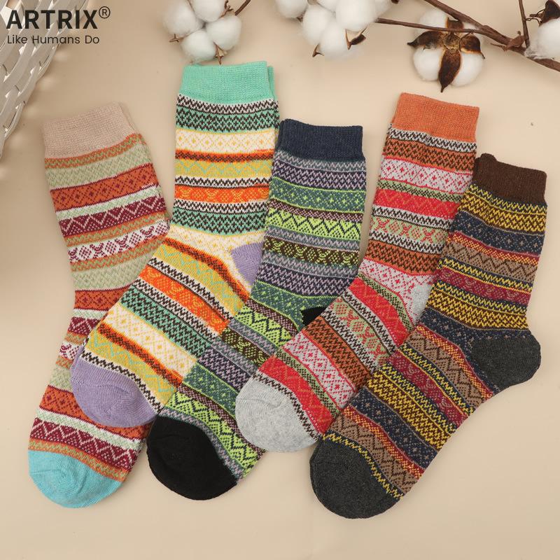 5 Pairs of Wool Socks, Double Thick Needle Socks, Cross Flower Women's Socks, Mid Tube Socks, Woolen Socks, Warm and Thick