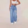 Jeans Larghi a Vita Media da Donna Pantaloni Dritti in Denim Street Strappati Lavati Pantaloni in Denim Non Elasticizzato