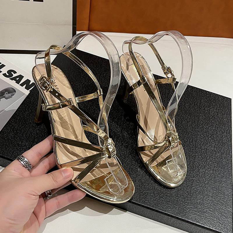 Módní Temperament Dámské Sandály na Jehlovém Podpatku Zlaté Úzký Pásek Pásek kolem Kotníku Římské Sandály Sexy Otevřená Špička Tenké Vysoké Podpatky Párty Boty Zlaté