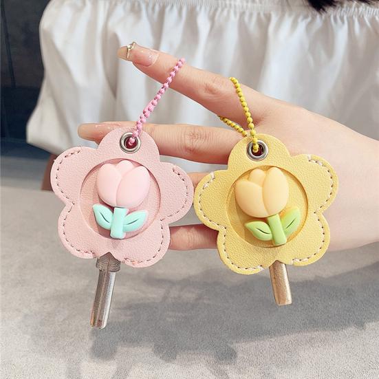 2Pcs Elegant Tulip Key Holder Faux Leather House Shape Keychain