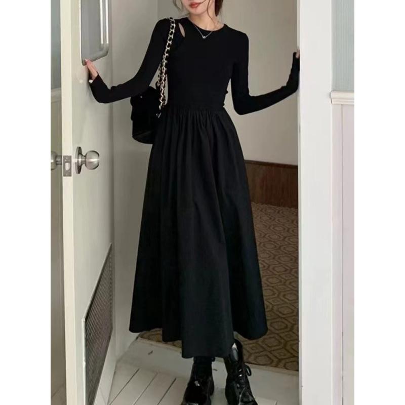 Black temperament long dress New high-end long-sleeved knitted dress Children's autumn