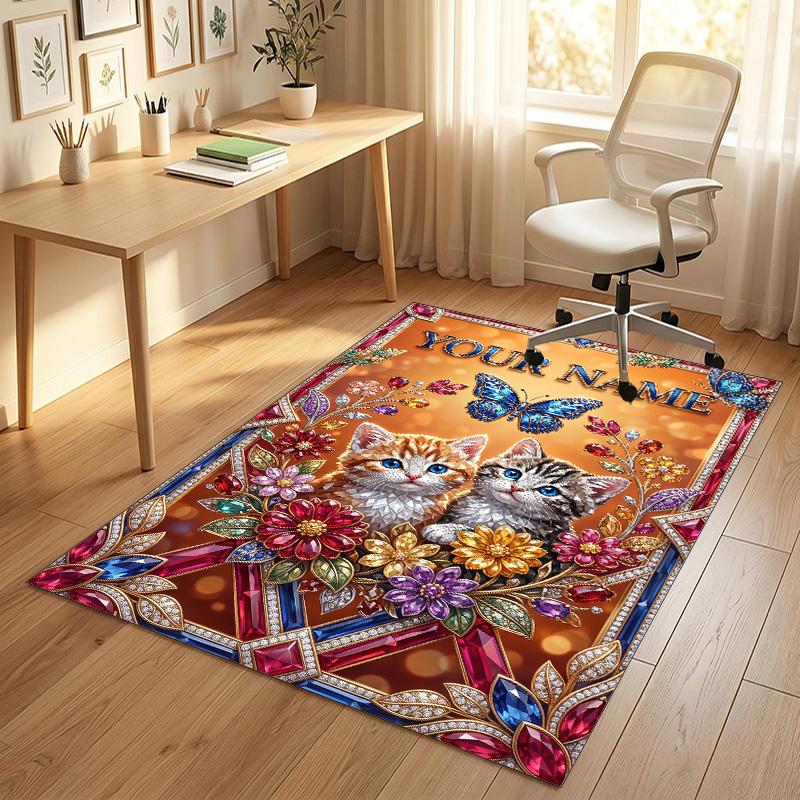 Cat Theme Crystal Velvet Rug Personalized Custom Name Text Soft Floor Mat Home Decor