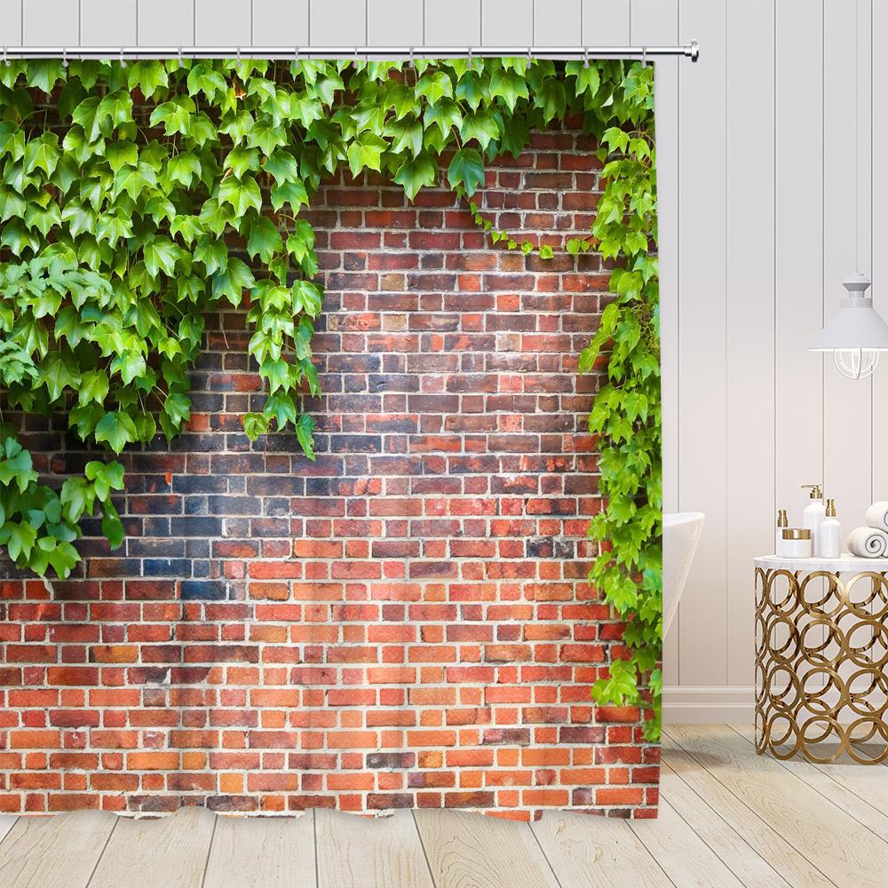 

Green Vines Showers Wooden Plank Wall Brick Wall Ivy Greenery Plants Pink Rose Bathroom Decor Vintage Fabric Floral Bath Curtain W60H190(CM)-1 Pcs