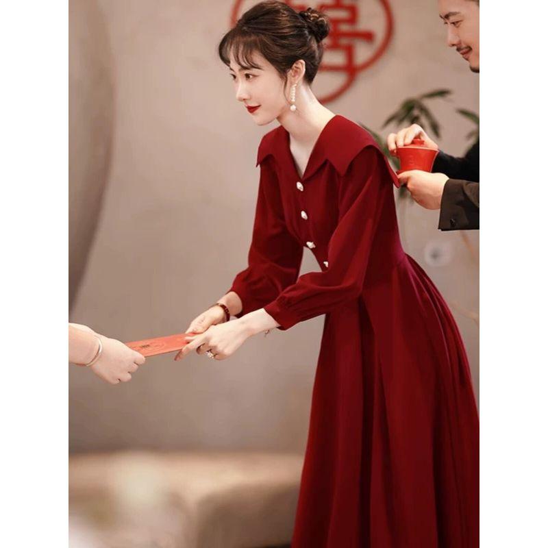 New Chinese-Style Festive Long Dress for Women, Autumn and Winter Plus-Size Elegant Red Dress for Engagement and Homecoming