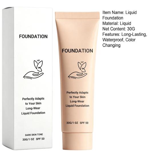 Skin Friendly Foundation 30G Color Changing Liquid Foundation, SPF 50 Natural Deep Tone Pore Coverage Long-Lasting Lightweight Makeup Concealer