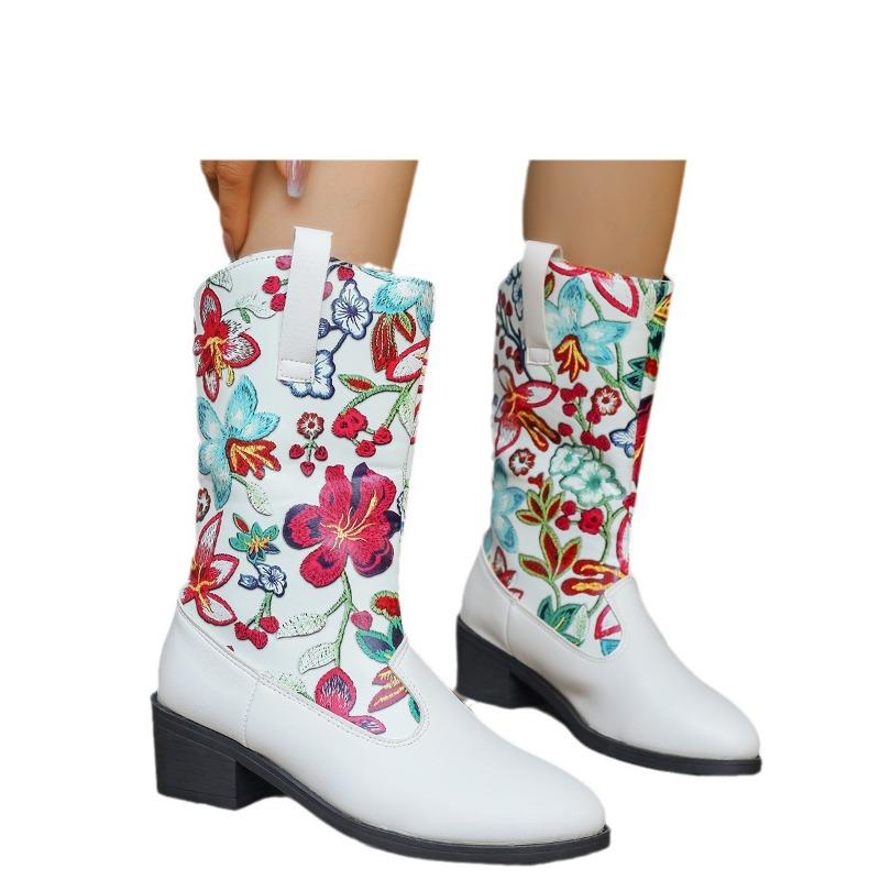 New round head embroidered flower medium tube fashion boots women's large size splicing Martin boots women