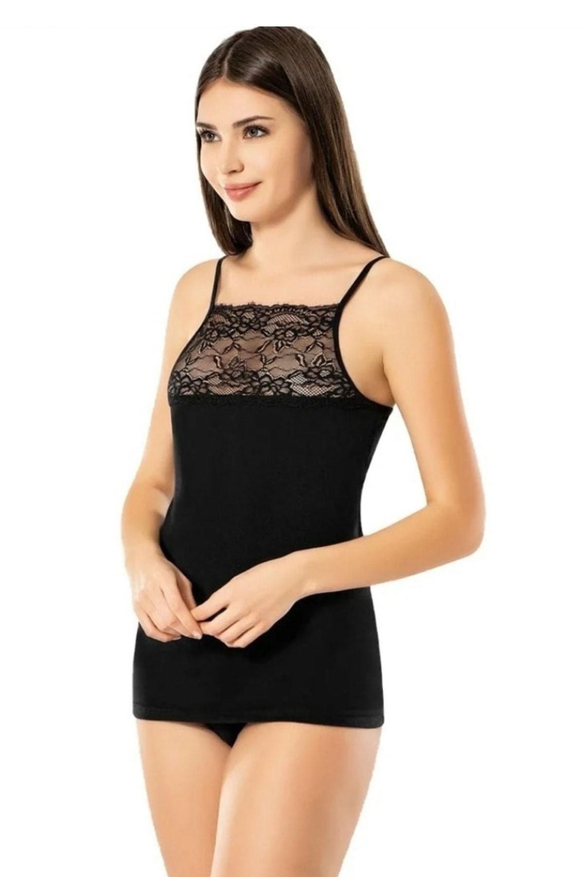 

Женская широкая кружевная майка с веревочным ремнем 6033 M чёрный