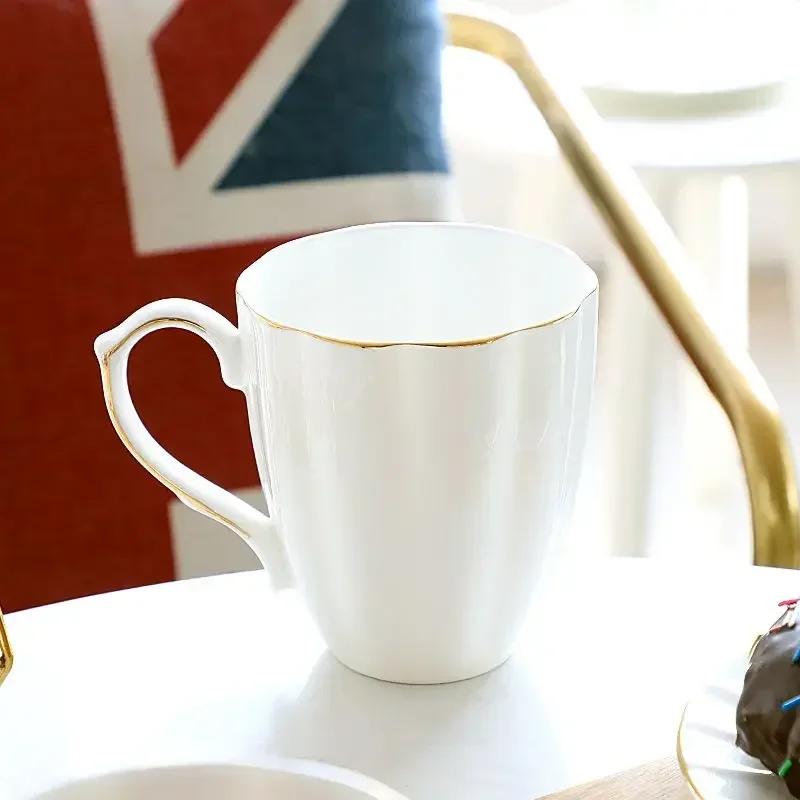 Pure White Brief Ceramic Mug, Bone China, Household Office Coffee Milk Cup with Gold Rim Mark, Drinkware Gift, Porcelain