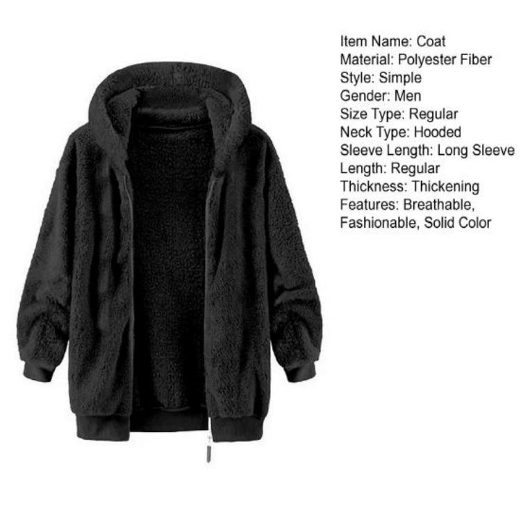 Men Winter Warm Fleece Hooded Jacket Zip Up Sweatshirt Soft Breathable Coat Casual Outdoor Sports Daily Use Outerwear