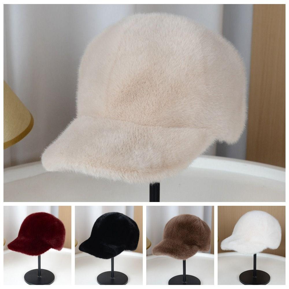 Solid Color Faux Fur Duckbill Hat Thickened Warm Plush Hat Casual Fluffy Baseball Hat Outdoor