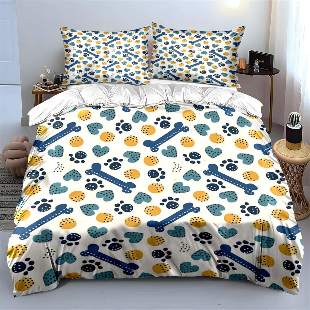 Dog Bones and Paw Prints Pattern Bedding Duvet Cover Set Duvet Cover Pillowcases  (1*Duvet Cover 2*Pillowcases, Without Duvet Insert)