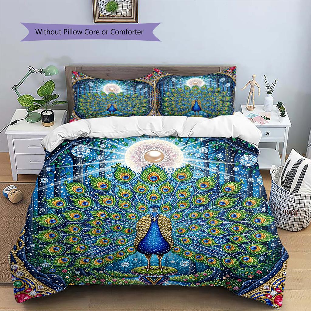 Flower Peacock Pattern Bedding Quilt Set Quilt Cover Pillowcase Home Decoration Gift (1 * duvet cover + 2 * pillowcase, without core)