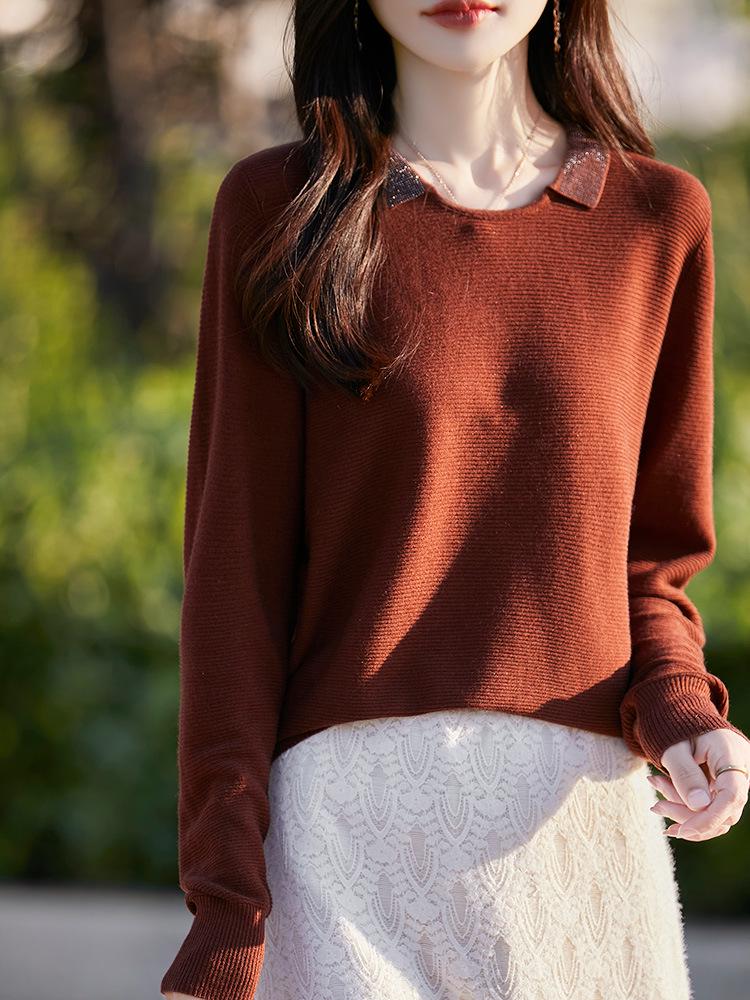 Small Lapel Fine Wool Knitted Pullover Sweater for Women - 2025 Autumn/Winter Collection, Solid Color, Loose Fit, Base Layer