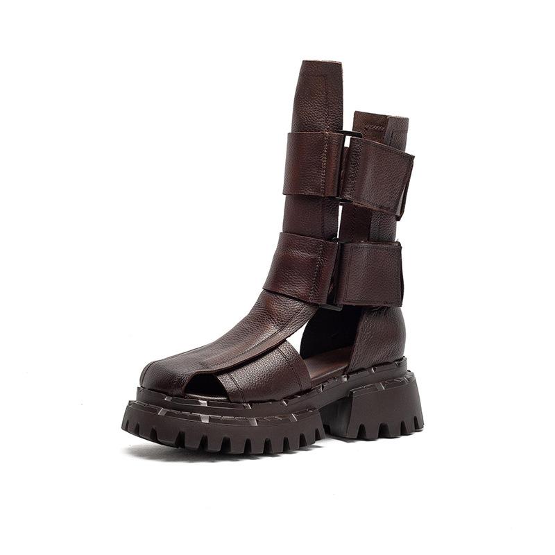2026 Summer New Arrival Women's Genuine Leather Roman Sandals Chunky Platform Ankle Boots Hollow Out Retro Fashion Walking Shoes