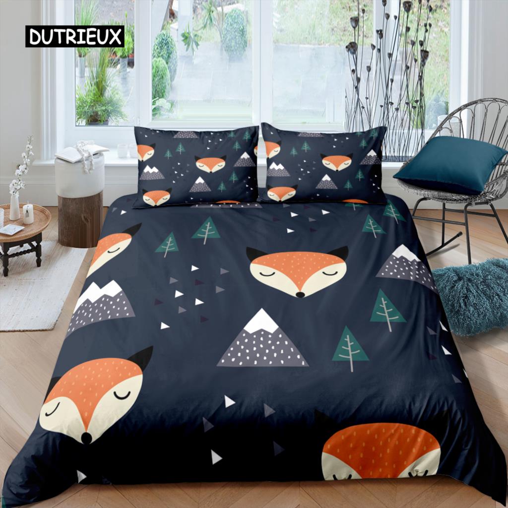 Cartoon Fuchs König Königin Bettbezug Lieblich Orange Tier Floral Bettwäsche Set Kinder Mädchen Blumen Pflanze 2/3tlg. Polyester Steppdeckenbezug