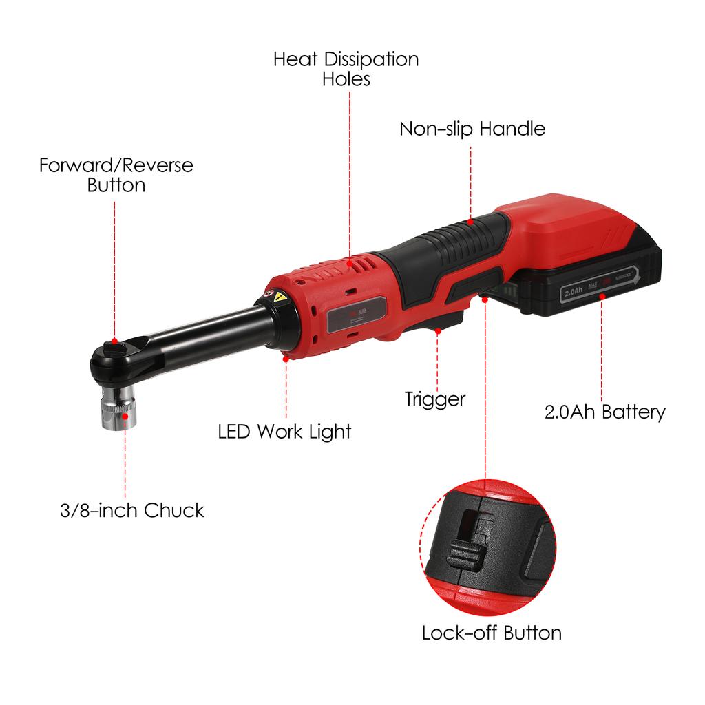 Lepmerk 3/8-inch 20V Cordless Electric Ratchet Wrench 450RPM Variable Speed 60N.M Power Ratcheting