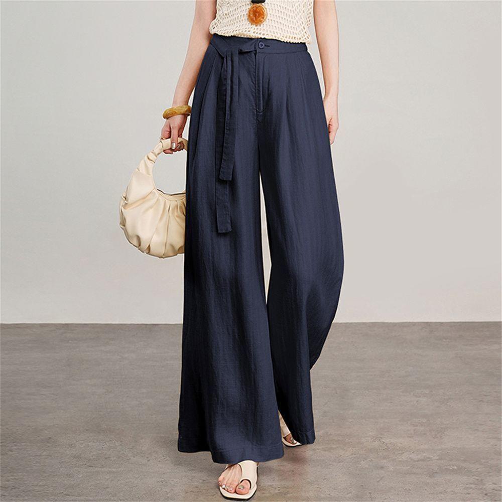 Lace-Up High Waist Cotton Linen Wide-Leg Cropped Pants