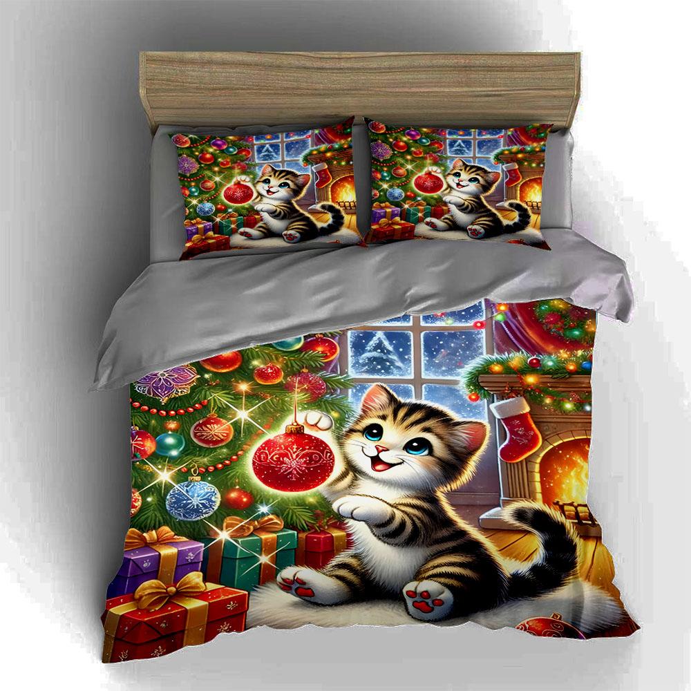 Festive kitten scene Bedding Duvet cover sets Duvet covers Pillowcases gifts (1 * Duvet Cover 2 * Pillowcases, without duvet insert)