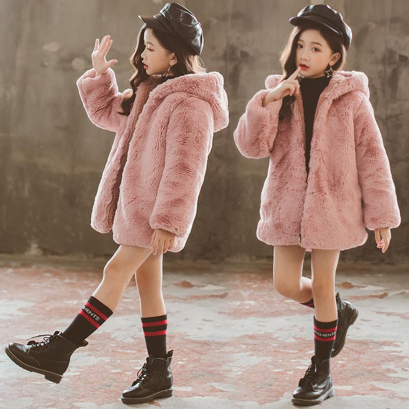 Giacca di lana per bambine, autunno inverno, pelliccia sintetica, calda, per bambini, con cappuccio, abbigliamento esterno