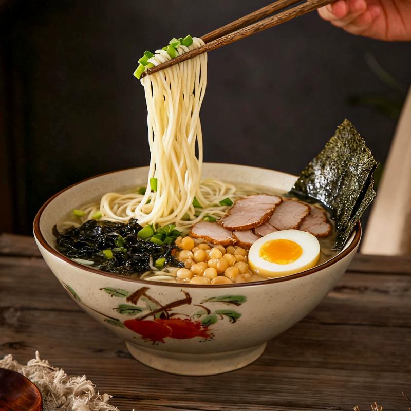 Large Chinese Retro Ceramic Ramen Bowl Set - Creative Home Tableware with Conical Hat Design