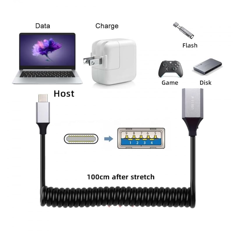 CY Cable USB-C Type C from Host USB3.0-A Female OTG Stretch Coil 100cm Extension 5Gbps Disk Phone Camera for Data