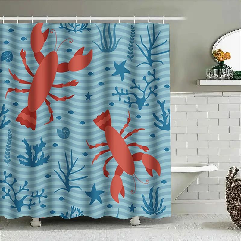 Underwater Life Lobster Shower Curtain Blue Red Fishes Marine Decor For Bathroom Waterproof Fabric