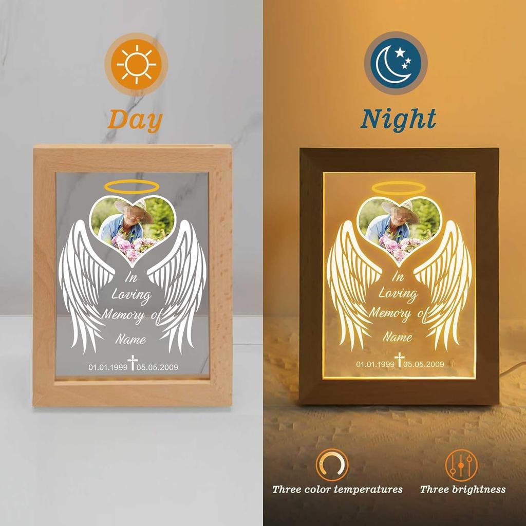 Custom Memorial Night Light with Picture Frames Personalized Acrylic Plaque Sympathy Bereavement Gift with Photo Name Date for Loss of Love(S-Heart