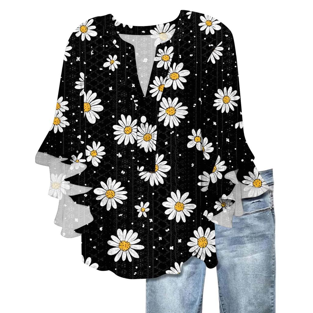 Damenmode Lässig Knopf V-Ausschnitt Siebenärmel Vintage Bedrucktes Hemd Top