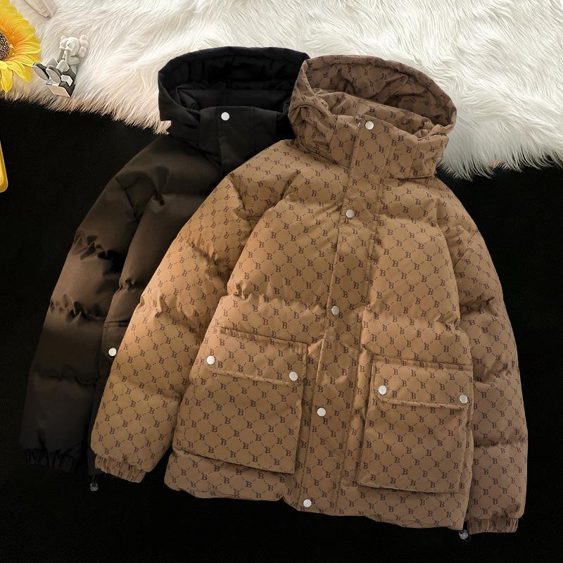 Winter Warm Cotton Jacket for Men's Short Removable Hat Jacquard New Thickened High-end Cotton Jacket Trendy Hooded Jacket