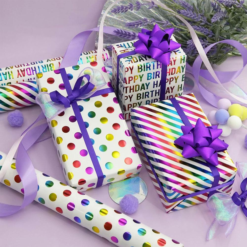 3pcs Rainbow Foil Wrapping Paper Colorful Gift Wrap For Birthday Wedding Party Festival Gift Wrapper