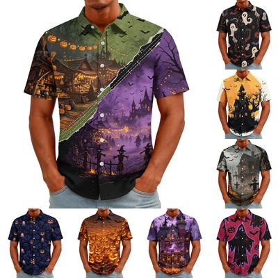 Herren Halloween Print Vintage Textur Hemd Offene Vorderseite Locker Atmungsaktiv Sommer Sport Street Lässig Alltagshemd