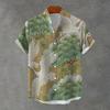 Summer Men's National Style Crane Print Short-Sleeved Shirt Retro Stand-Up Collar Thin Beach Hawaiian Shirt Casual Top