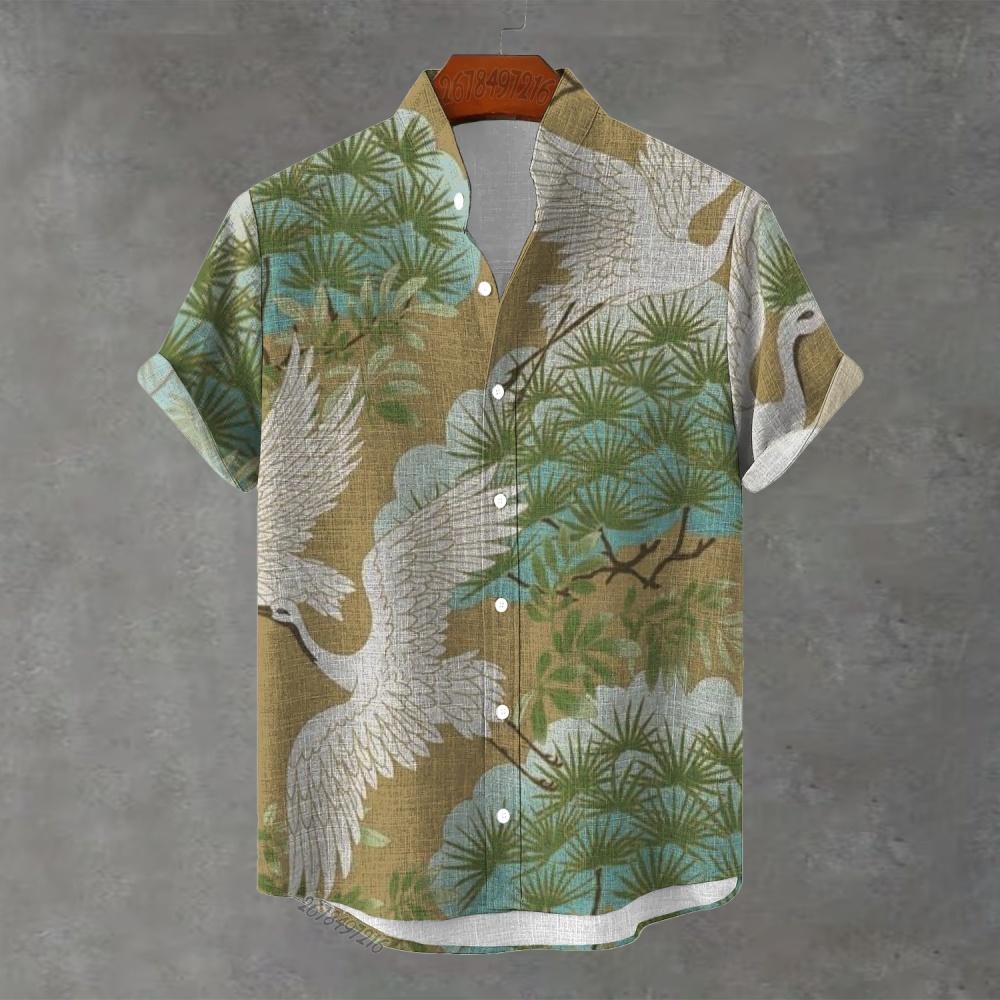 Summer Men's National Style Crane Print Short-Sleeved Shirt Retro Stand-Up Collar Thin Beach Hawaiian Shirt Casual Top