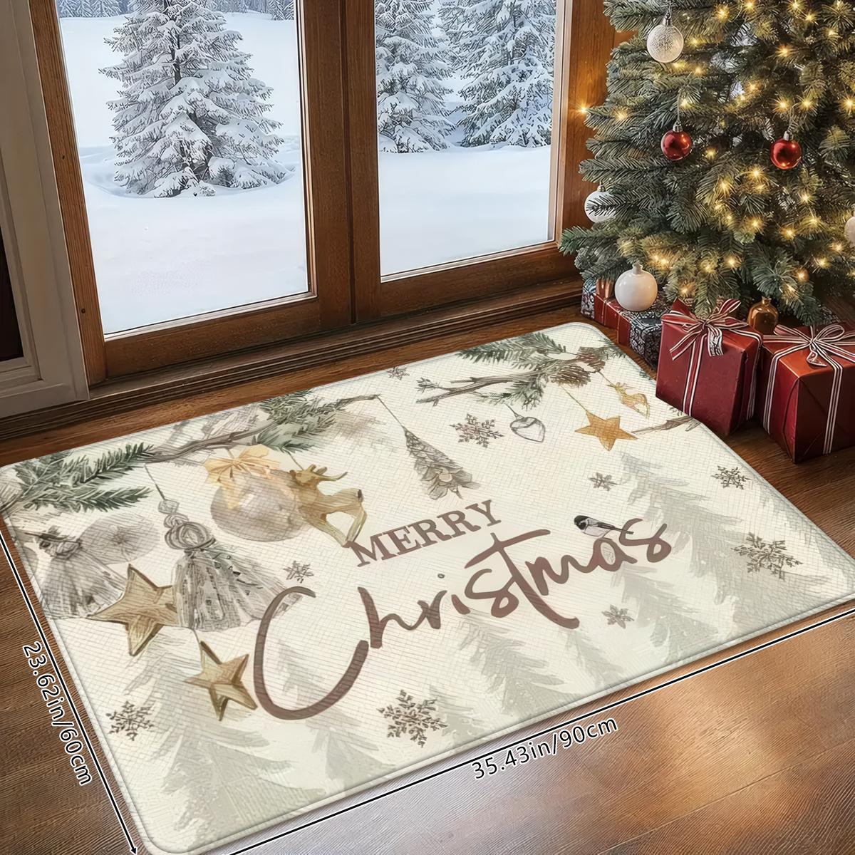 

Christmas Entryway Rug Jingle Bell Pine Branch Print Stain-Resistant Wear-Resistant Front Door Foyer Holiday Home Decor 40x60cm 16x24inch