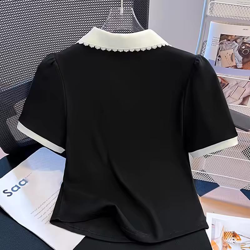 Female Summer Straight-Shoulder Short-Sleeve T-Shirt with A Short Peter Pan Collar