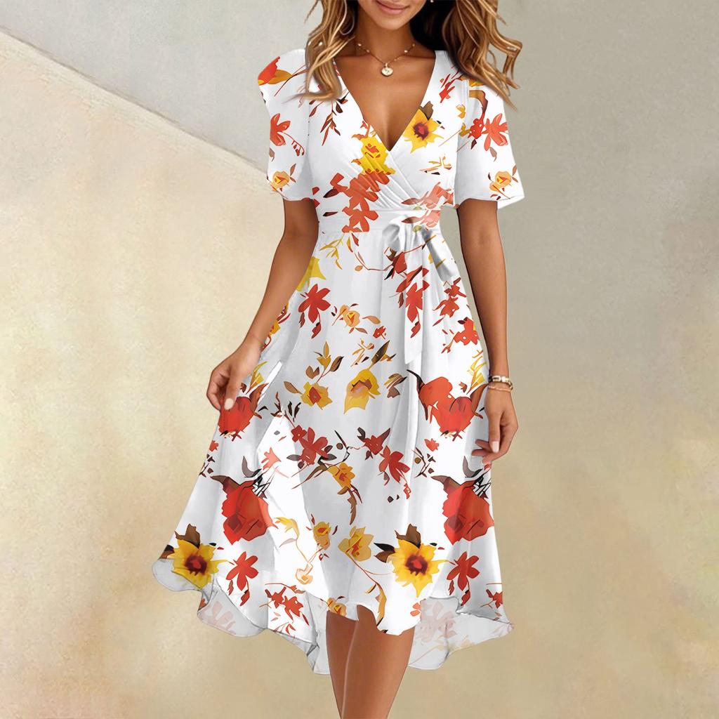 Dámské letní módní šaty s výstřihem do V a rozšířenou sukní, s krátkým rukávem, květinové šaty