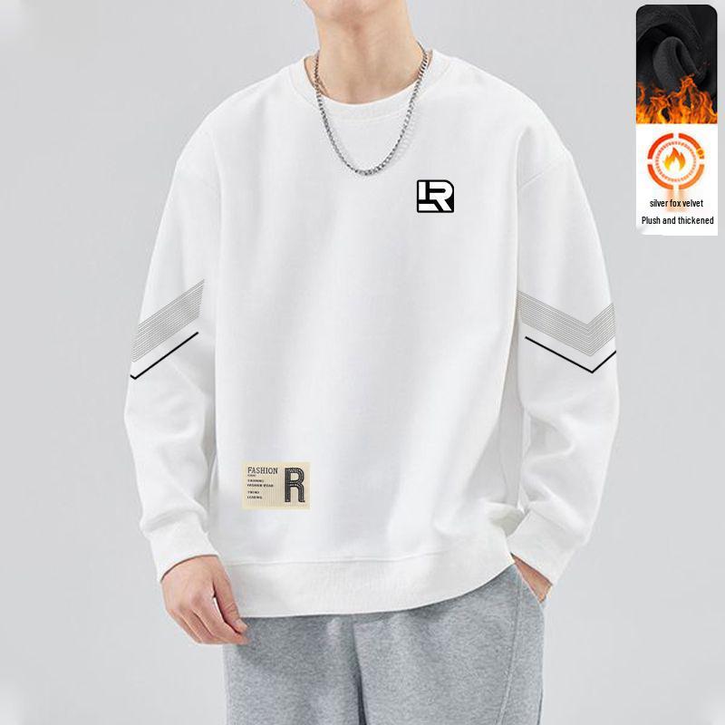 Men's Round Neck Plus Velvet Sweatshirt - Autumn/Winter Loose Fit Long Sleeve Pullover, Casual and Trendy Base Layer