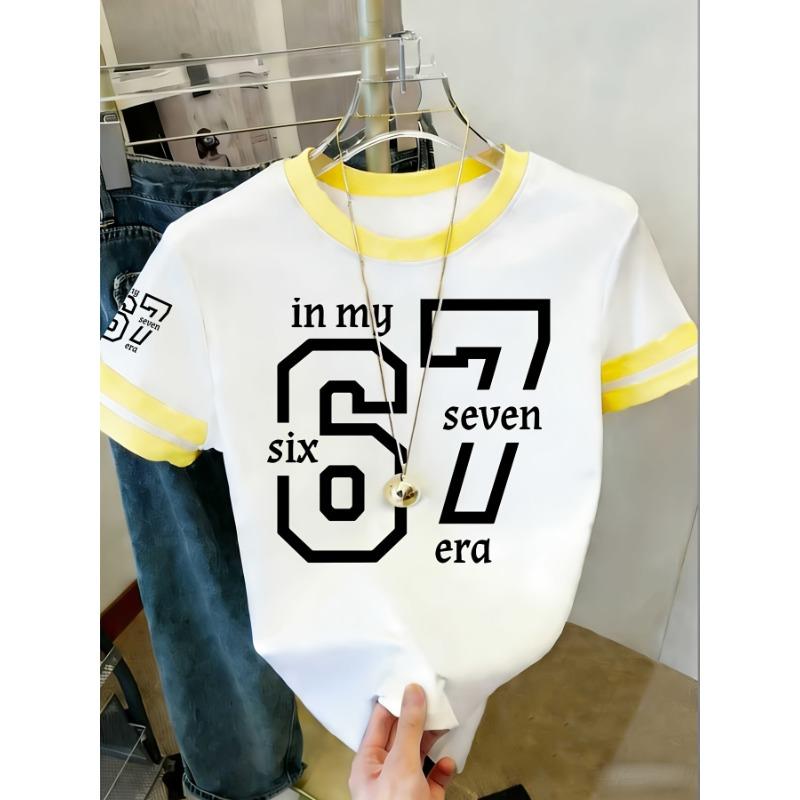

Women s color block T-shirt trendy retro six seven print color block sround neck shortummer S