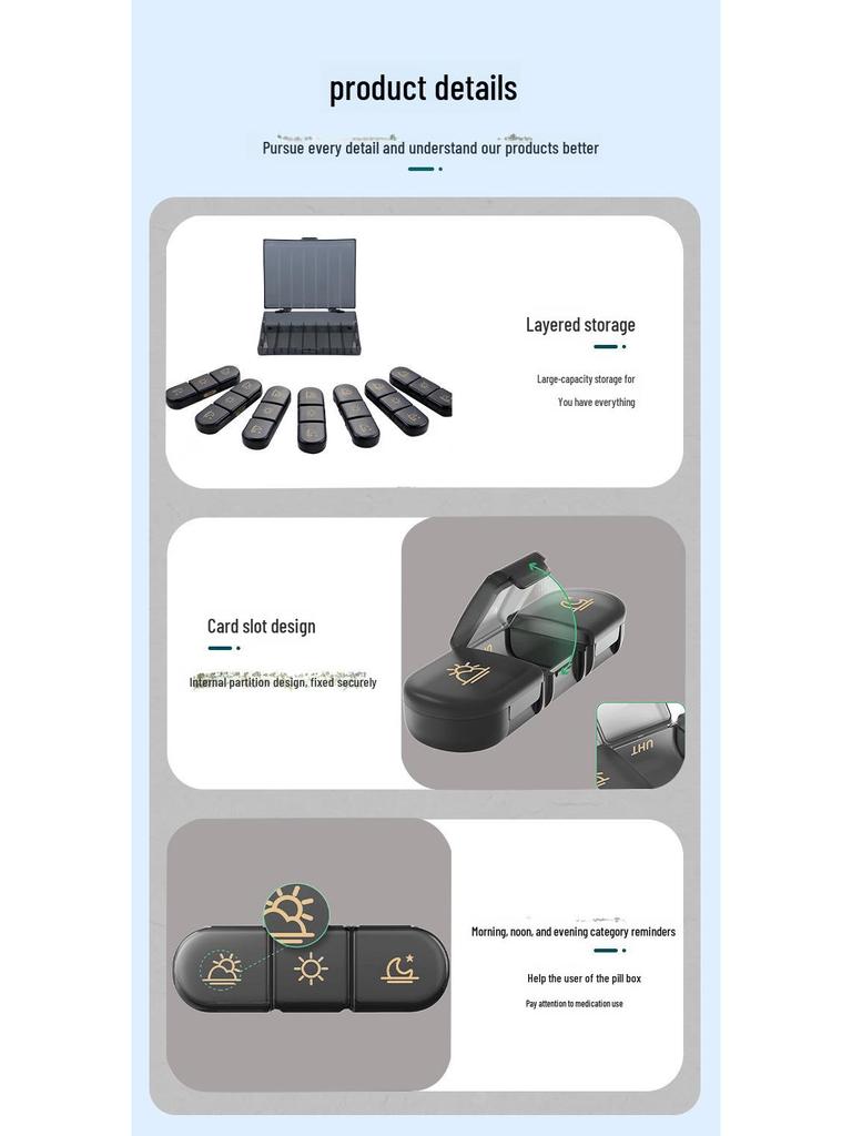 7-Day Black Gold Pill Box, 21 Grids, Large Capacity, Travel-friendly, Moisture-proof