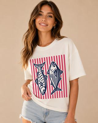 Unisex Lässiges T-Shirt mit Meeres-inspiriertem Fisch- und Streifen-Print Rundhalsausschnitt Kurzärmlig Weich und Bequem Unisex Kleidung
