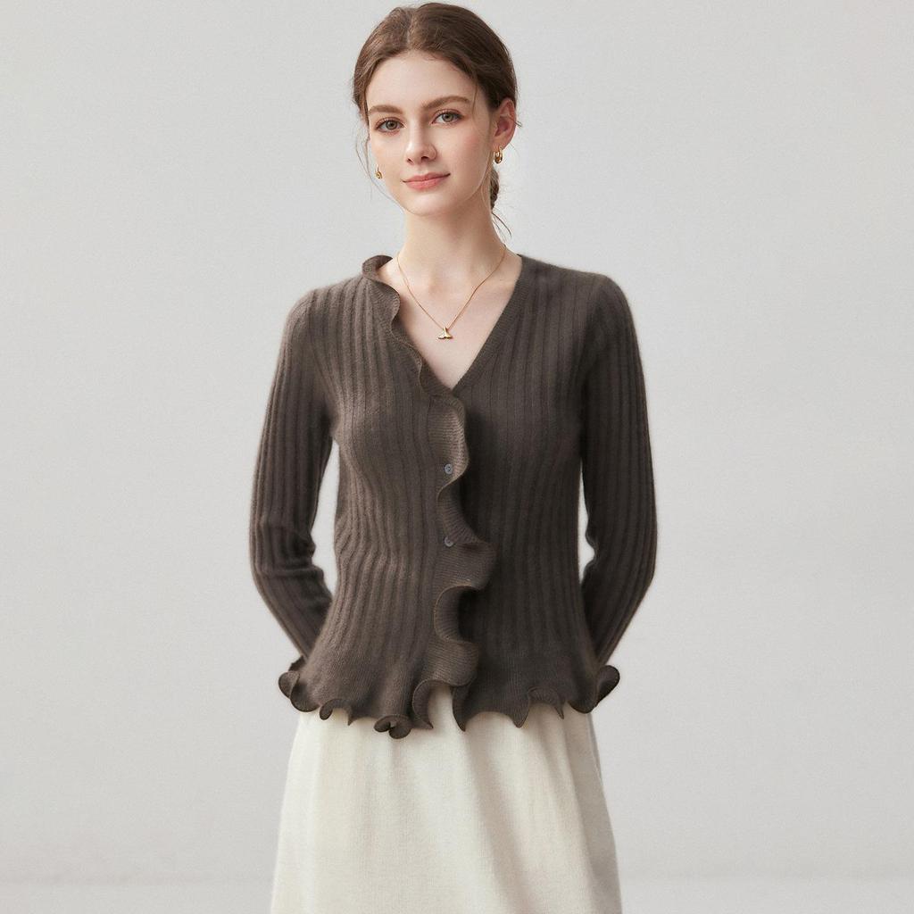 Elegant 3D Wave Edge Cashmere Ruffle Cardigan - Women's Autumn/Winter Flared Sleeve Knitwear