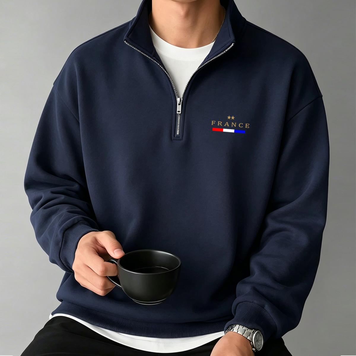 

Red, white, and blue striped stand-collar hoodie; half-zip pullover hoodie; casual long-sleeve fleece stand-collar hoodie (unisex) XXL темно-синього кольору