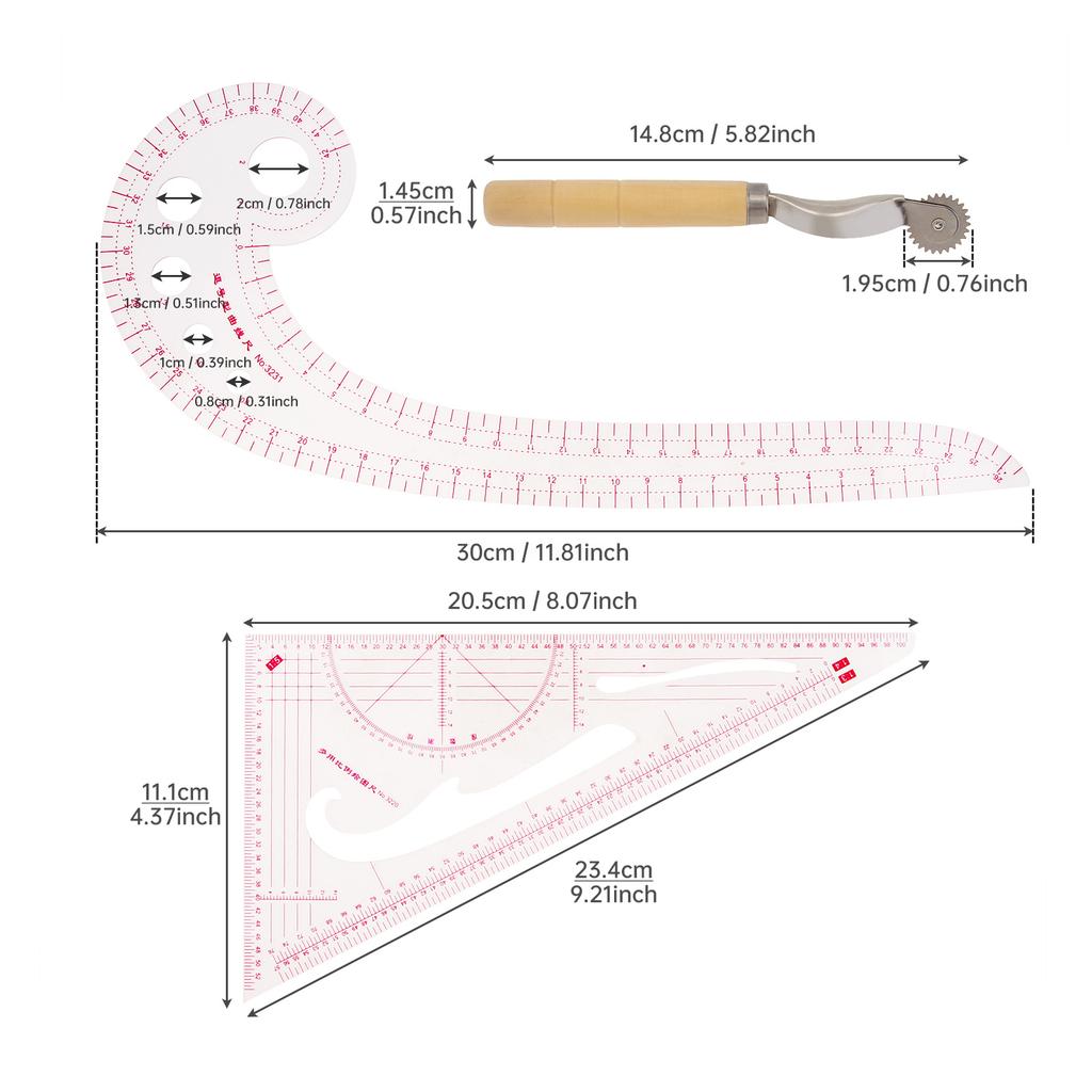 Clothing Patterning Ruler Sew French Curve Ruler Metric Shaped Plastic Sewing Tools Include Curve/Triangular Rule Tracing Wheel for Beginners