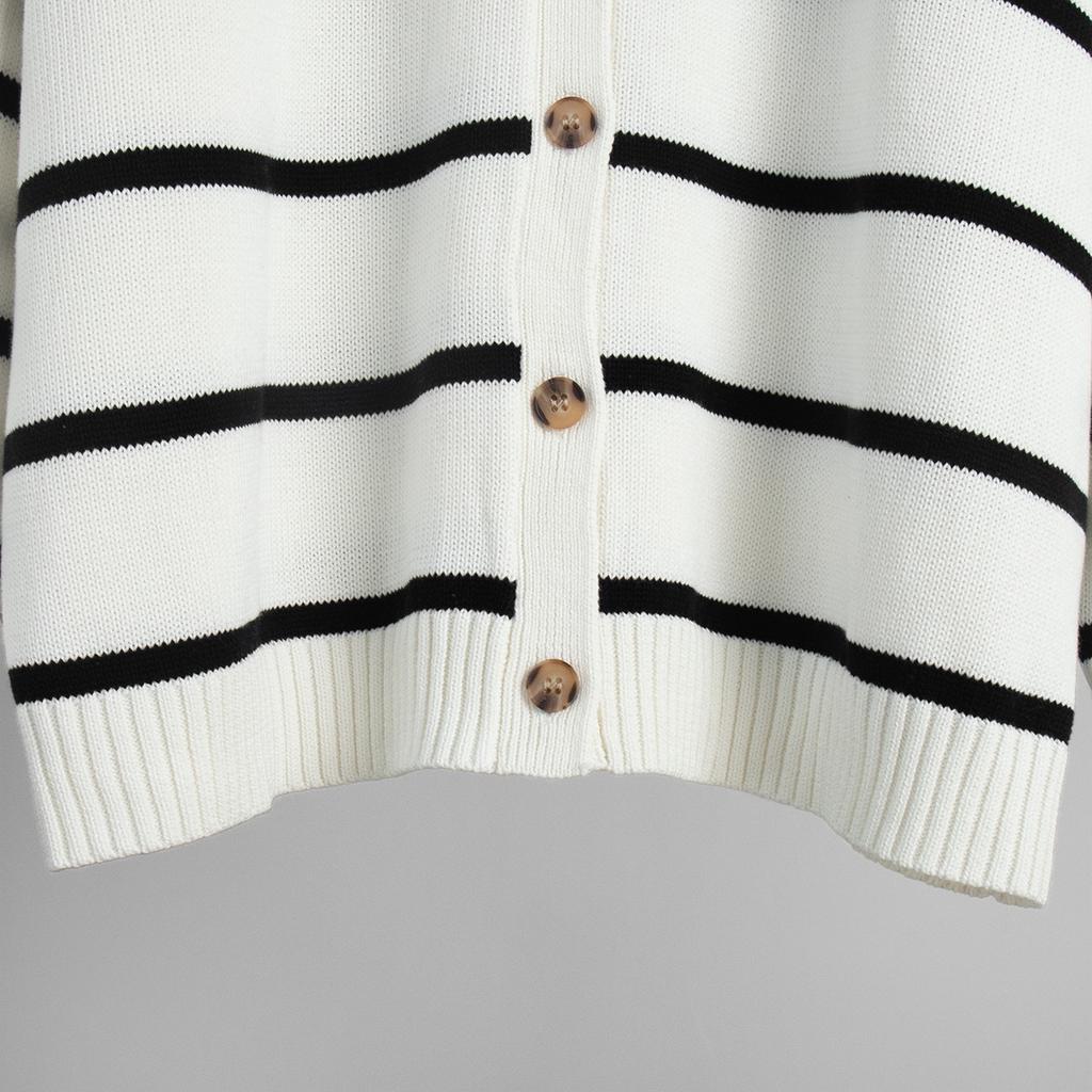 Women'S Striped Knit Cardigan V-Neck Cotton Thickened Warm Loose Fit Autumn Winter Sweater
